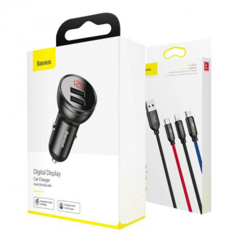 Baseus Car Charger Digital Display 2xUSB with 3-in-1 Cable 1.2m, 24W 4.8A, Black/Gray (TZCCBX-0G) DA720141-08