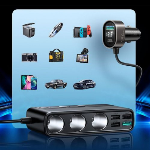 Joyroom Car Charger 9-in-1, (C+U+U+U+U+U+ 3 cigarette lighter socket) 154W, Black (JR-CL06) DO104229-09