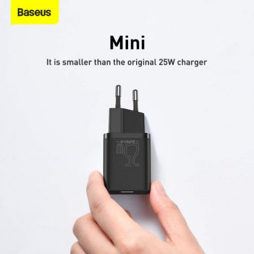 Baseus Travel Charger set Super Si 1C QC (With Mini Black Cable Type-C to Type-C 3A 1m) 25W EU Black (TZCCSUP-L01) DA806968-014