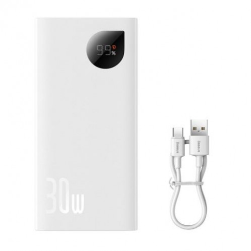 Baseus Power Bank Adaman2 with Digital display, C+U+U, PD 3.0, QC 3.0, 30W, 10000 mAh, with Type-C cable (0.3m), White (PPAD080002) DA2598496-04