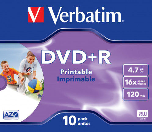 1x10 Verbatim DVD+R 4,7GB Jewel 16x Speed, imprimable 724470-00