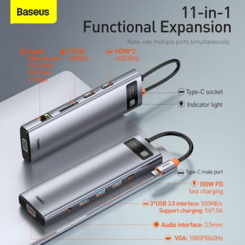 Baseus HUB Metal Gleam Series 11-in-1 Multifunctional (Type-C to 3xUSB3.2/PD 100W/3,5 mm Jack/VGA Full HD 60Hz/2xHDMI 4K/TF+SD card/ RJ45) Space Gray (CAHUB-CT0G) DA5380592-016