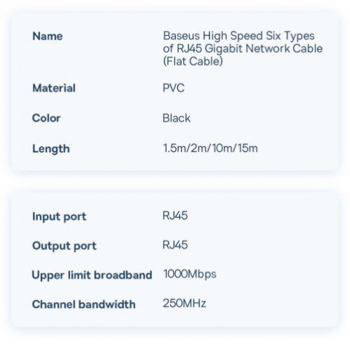 Baseus Network Cable High Speed (CAT6) of RJ45 (flat cable) 1 Gbps, 2m Black (WKJS000101) DA122743-020