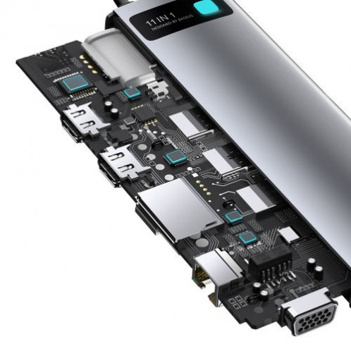 Baseus HUB Metal Gleam Series 11-in-1 Multifunctional (Type-C to 3xUSB3.2/PD 100W/3,5 mm Jack/VGA Full HD 60Hz/2xHDMI 4K/TF+SD card/ RJ45) Space Gray (CAHUB-CT0G) DA5380592-016