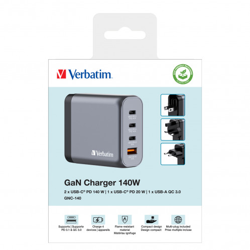 Verbatim GNC-140 GaN Charg. 140W 3xUSB-C PD, 1xUSB-A QC 3.0 32203 871803-010
