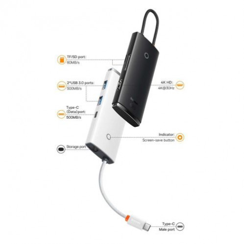 Baseus HUB Lite Series 5-in-1 Multifunctional (Type-C to 2x USB 3.0 / Type-C / HDMI 1.4 / SD/TF) Black (WKQX050001) DA1651902-018