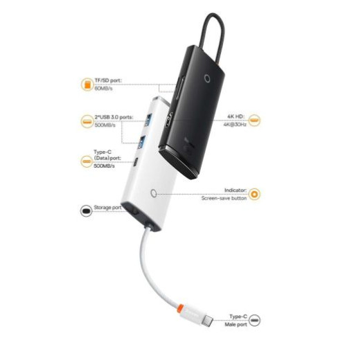 Baseus HUB Lite Series 6-in-1 Multifunctional (Type-C to 2x USB 3.0 / Type-C / HDMI 1.4 / SD/TF) Black (WKQX050001) DA1651902-018