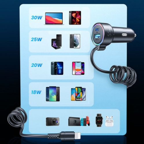 Joyroom Car Charger 3-in-1, C+U with Type-C Coiled Cable 1.5m, 55W, Black (JR-CL07) DO838255-09