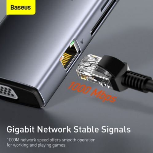Baseus HUB Metal Gleam Series 11-in-1 Multifunctional (Type-C to 3xUSB3.2/PD 100W/3,5 mm Jack/VGA Full HD 60Hz/2xHDMI 4K/TF+SD card/ RJ45) Space Gray (CAHUB-CT0G) DA5380592-016