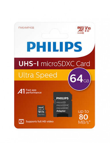 Philips MicroSDXC Card 64GB Class 10 UHS-I U1 + adaptateur 512535-02