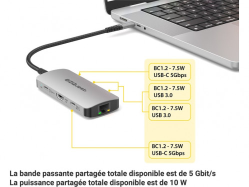 Dock USB-C multimédia 7 ports EZQuest X40227 HDMI 4K, USB-C, USB-A, RJ45 ADPEZQ0041-04