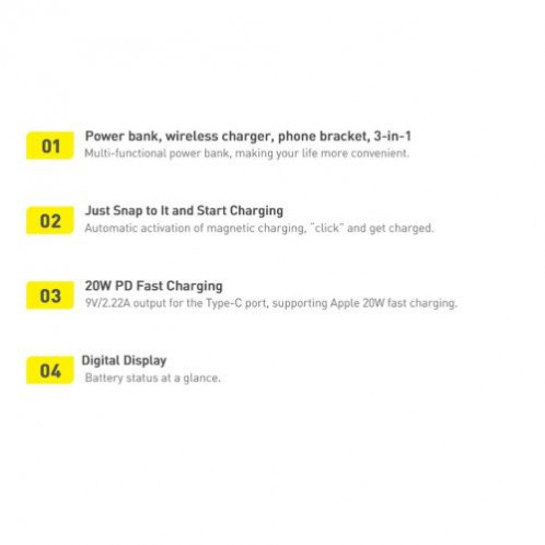 Baseus Power Bank Magnetic Wireless charging (With Xiaobai Type-C to Type-C 60W(20V/3A) 0.5m) MagSafe 15W / PD 20W, 10000 mAh, White (PPCX000202) DA3037302-019