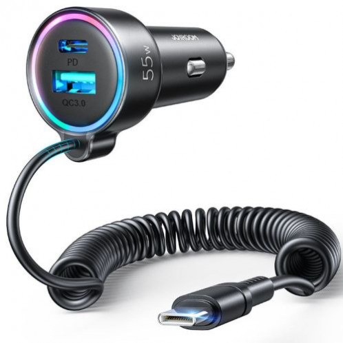Joyroom Car Charger 3-in-1, C+U with Type-C Coiled Cable 1.5m, 55W, Black (JR-CL07) DO838255-09