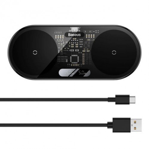 Baseus Wireless Charger Digital LED Display, Dual charging platform, with Type-C cable, 20W Black (WXSX010101) DA1599411-012