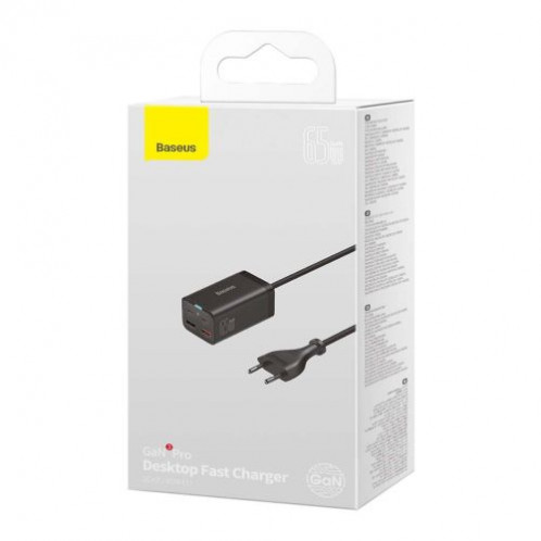 Baseus Travel Charger GaN3 Pro Quick wall charger C+C+U, PD3.0, QC4.0 +, AFC, FCP, SCP, PPS, MTK, (with Type C Type C cable 1m) 65W, Black EU (CCGP040101) DA2122221-017