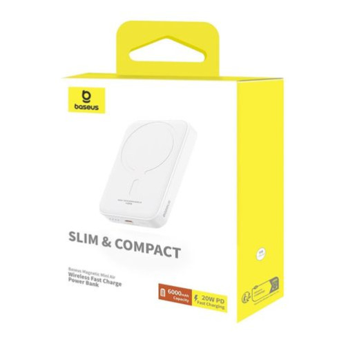 Baseus Power Bank Magnetic Mini (MagSafe Compatible), 20W, 6000 mAh, with Type-C Cable, 0.30m, White EU (P10059002223-00) DA1160878-02