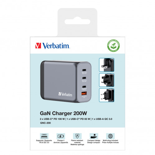 Verbatim GNC-200 GaN Charg. 200W 3xUSB-C PD, 1xUSB-A QC 3.0 32204 871810-010