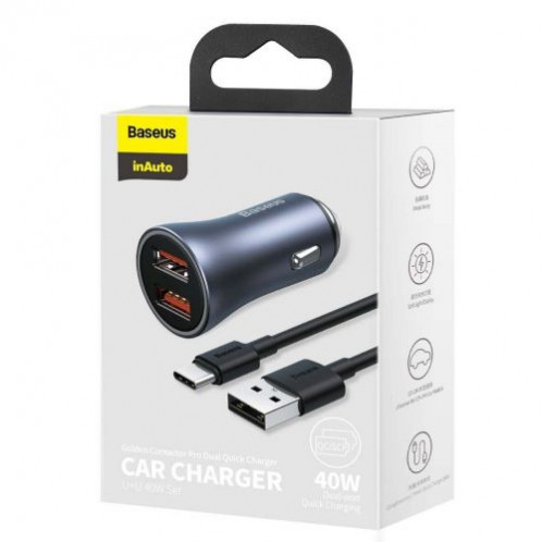 Baseus Car Charger Golden Contactor Pro with (USB/Type-C cable 5A), 2xUSB Quick Charge, SCP, FCP, AFC 40W Gray (TZCCJD-A0G) DA69243-04