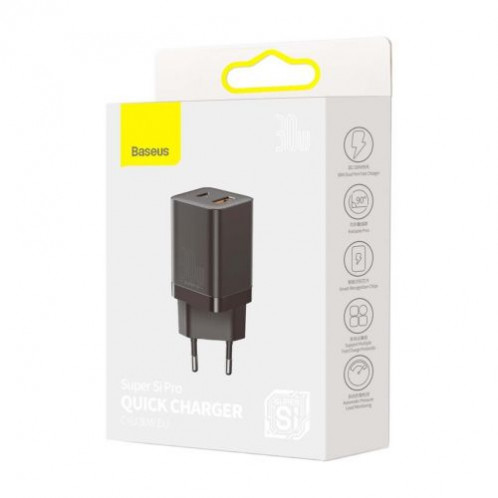 Baseus Travel Charger Super Si Pro mini Fast Charger, C+U, PD 3.0, QC 3.0 30W EU Black (CCSUPP-E01) DA1020371-018
