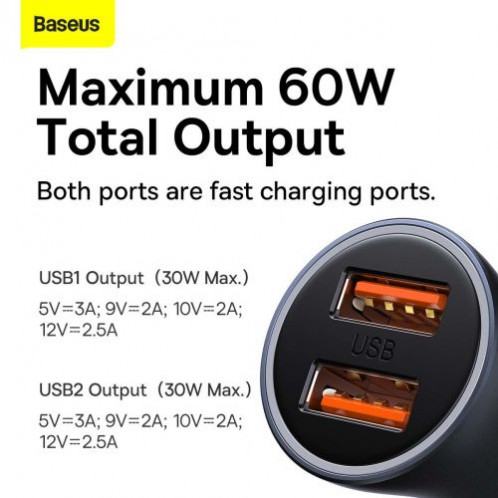 Baseus Car Charger Golden Contactor Max Dual Fast Charger U+U 60W Dark Gray (CGJM000013) DA777168-016