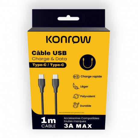 Konrow KCCTCPB1 Câble USB Type C vers Type C (1m, Noir) Emballage Original KCCTCPB1-01