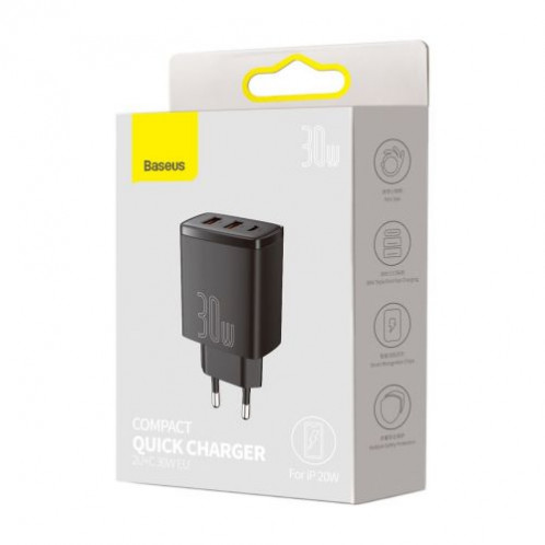 Baseus Travel Charger Compact Quick Charger U+U+C PD3.0, QC 3.0 30W EU Black (CCXJ-E01) DA897422-015