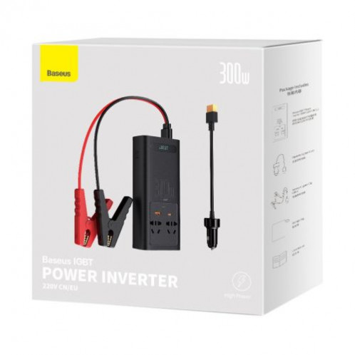 Baseus Car Power Inverter IGBT 300W/ 220V (C+U + Dual EU plug) with 12V clamp cables (0.40m) and Cigarette Lighter Socket Cable (0.60m), Black (CGNB010101) DA5257373-05
