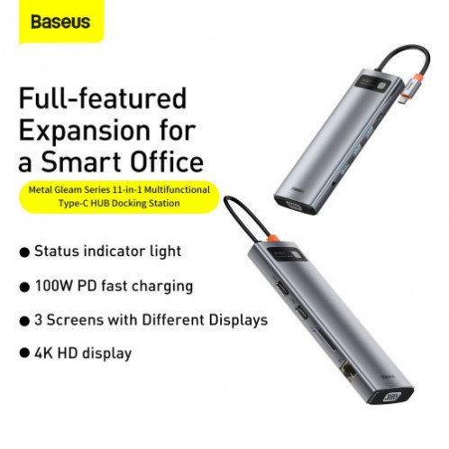 Baseus HUB Metal Gleam Series 11-in-1 Multifunctional (Type-C to 3xUSB3.2/PD 100W/3,5 mm Jack/VGA Full HD 60Hz/2xHDMI 4K/TF+SD card/ RJ45) Space Gray (CAHUB-CT0G) DA5380592-016