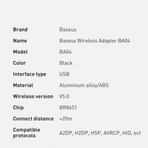 Baseus HUB BA04 mini Bluetooth 5.0 adapter USB receiver computer transmitter Black (ZJBA000001) DA320907-020