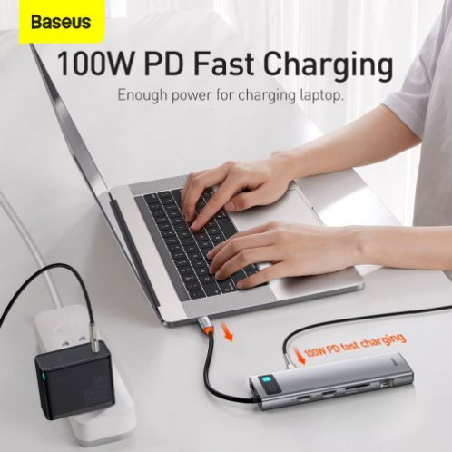 Baseus HUB Metal Gleam Series 11-in-1 Multifunctional (Type-C to 3xUSB3.2/PD 100W/3,5 mm Jack/VGA Full HD 60Hz/2xHDMI 4K/TF+SD card/ RJ45) Space Gray (CAHUB-CT0G) DA5380592-016