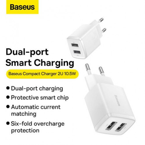 Baseus Travel Charger Compact wall Charger U+U, 10.5W EU White (CCXJ010202) DA390387-017