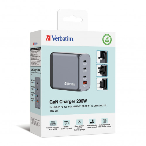 Verbatim GNC-200 GaN Charg. 200W 3xUSB-C PD, 1xUSB-A QC 3.0 32204 871810-010
