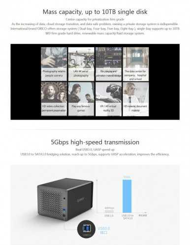 ORICO NS500-RU3 5 baies USB 3.0 Type-B vers SATA Boîtier de disque dur externe Boîtier disque dur avec RAID pour disque dur SATA 3,5 pouces, protocole UASP de support SO59021141-05