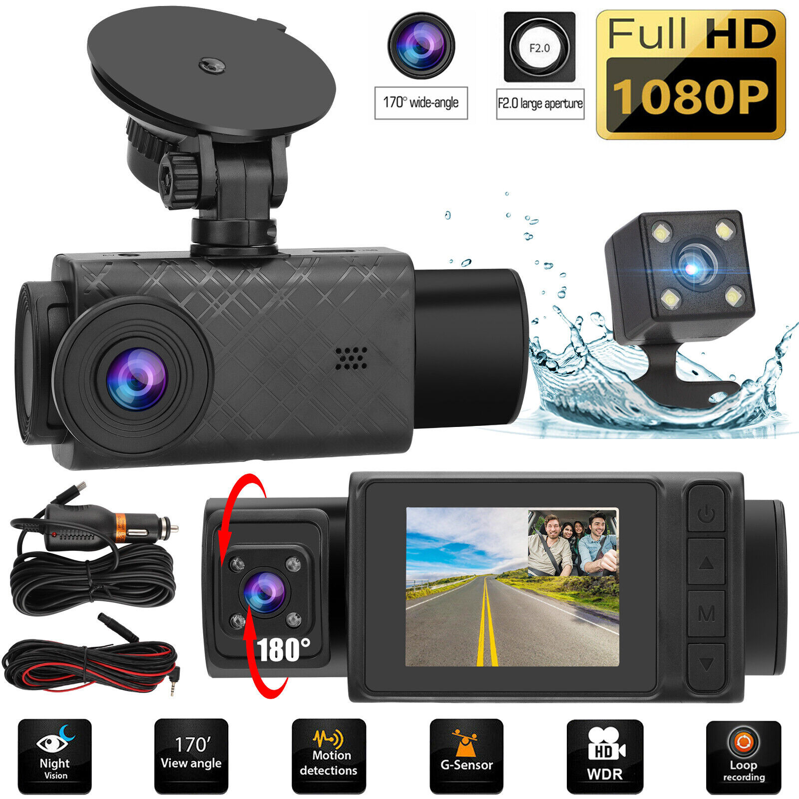 3 Caméra Objectif Voiture Dvr 3 canaux Dash Cam HD 1080p Avant et arrière  Intérieur Dashcam Enregistreur vidéo Nigh -tz