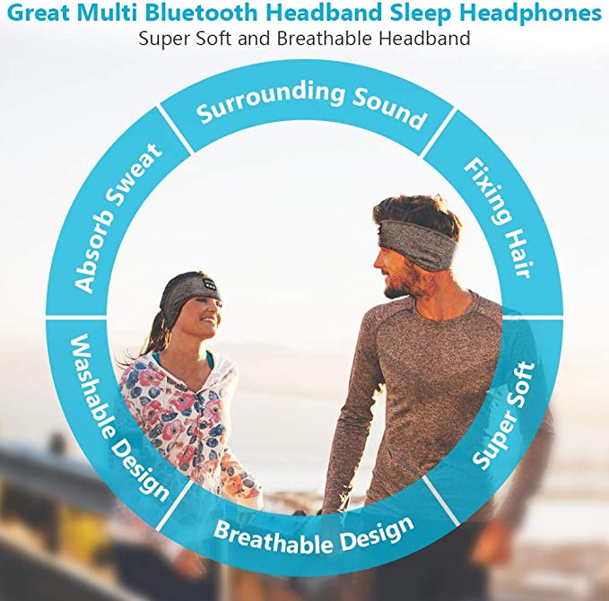 Casque de sommeil Bandeau Bluetooth - Casque bandeau de sport sans fil avec bandeau  de musique ultra-doux gris