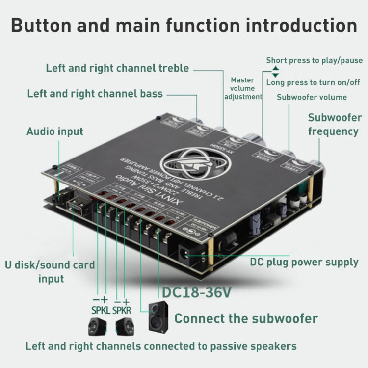 Carte amplificateur Bluetooth HiFi stéréo 2.1 TPA3116D2 2X50W + 100W  12V-24V Module amplificateur de Puissance Audio contrôle des Basses et des  aigus : : High-Tech