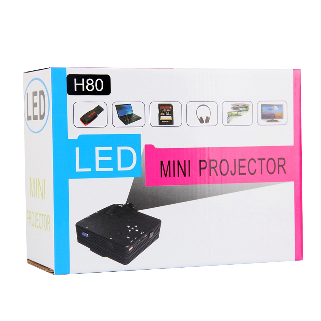 Mini projecteur portatif LED multimédia HD 1080p 80 lumens, prise en charge  des cartes HDMI / VGA / AV / USB / SD, modèle: H80 (noir)