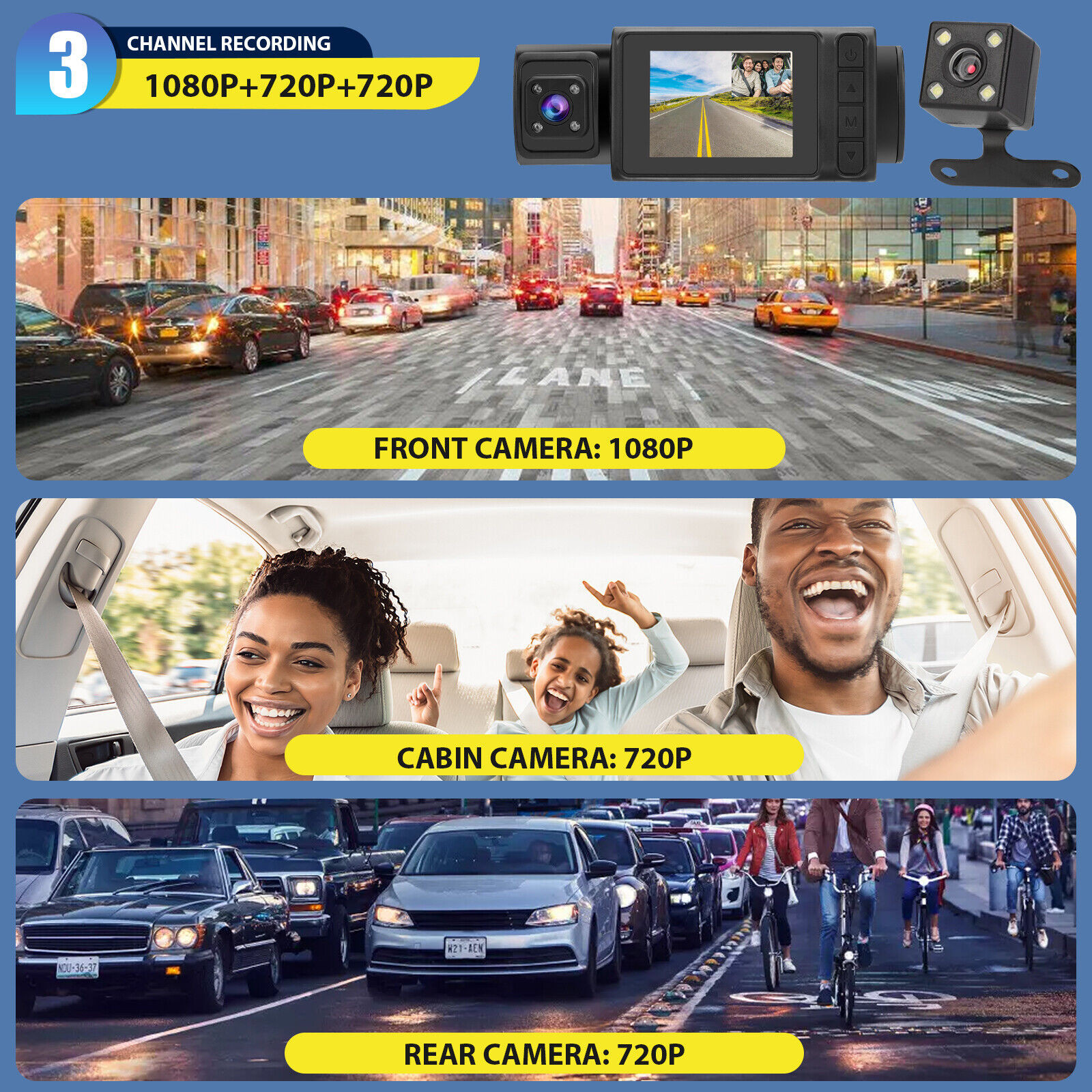 Enregistreur de conduite de voiture à 3 objectifs, 2 pouces HD 1080p,  enregistreur vidéo avant et arrière, Vision nocturne, capteur G, caméra de  tableau de bord Dvr noir